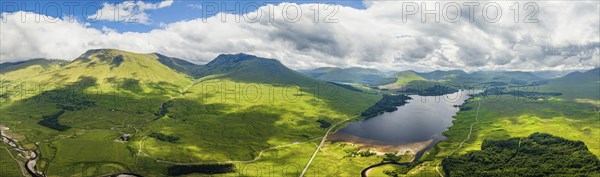 Panorama of Loch Tulla and Beinn Dorain from a drone, Glen Coe, Highlands, Scotland, UK