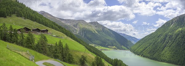 View of the Finalhof farm and Vernagt reservoir, Val Senales, Vernagt, South Tyrol, Italy, Europe