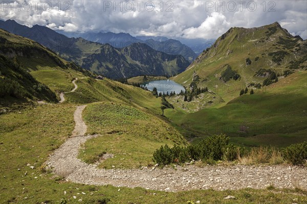 View of Seealpsee, Seeköpfel and AllgÃ¤u Alps, Nebelhorn, Oberstdorf, OberallgÃ¤u, AllgÃ¤u,