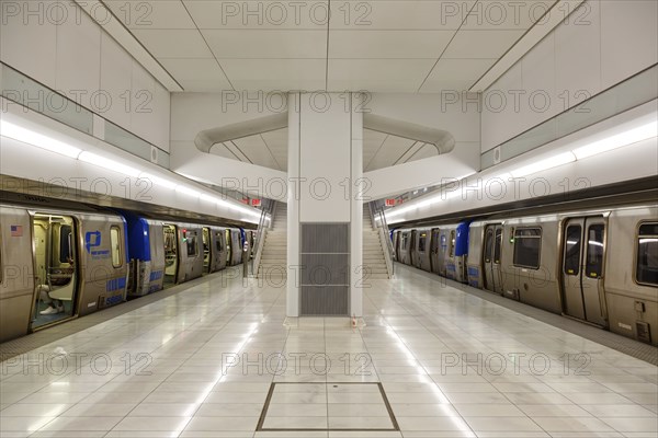PATH Port Authority Trans-Hudson commuter train at the World Trade Centre WTC station in New York,