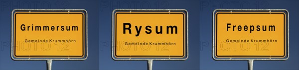 Place name signs for Grimmersum, Rysum and Freepsum, villages in the municipality of Krummhörn,