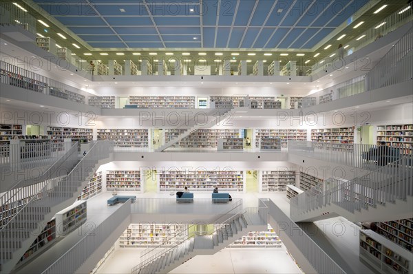 Interior view, gallery hall with staircases of the city library, architect Eun Young Yi, Stuttgart,