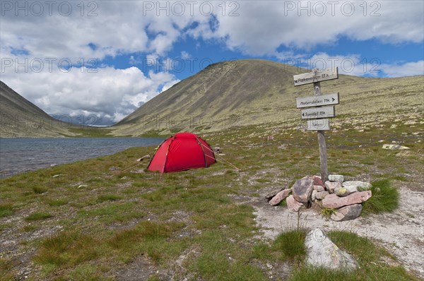 Tent by a mountain lake, Rendalen, Hedmark, Norway, July 2010, Europe