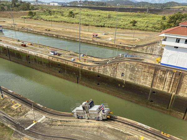 Water lock with a small vehicle on rails along the canal, panama city, panamakanl, panama, Central