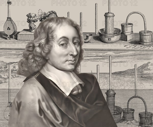 Portrait of Blaise Pascal with a page of Traitez de l'equilibre des liqueurs, et de la pesanteur de