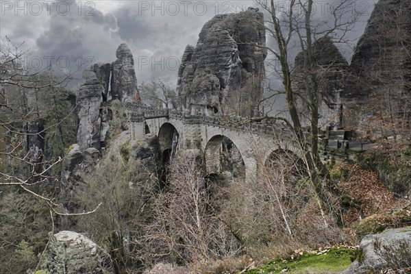 The Bastei Bridge in Saxon Switzerland. jagged rocks, viewing platform overlooking the Elbe.