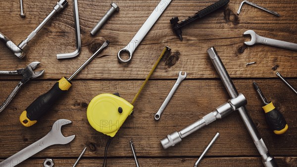 Flat lay with DYI composition of various work, carpentry tools knolled on brown wooden decks