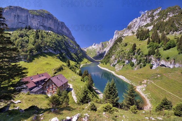 Fählensee with Bollenwees mountain inn in the Alpstein, Appenzell Alps, Canton Appenzell