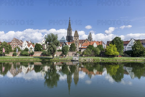 City view, Danube bank with historic old town, fishermens quarter, Metzgerturm and cathedral, Ulm,