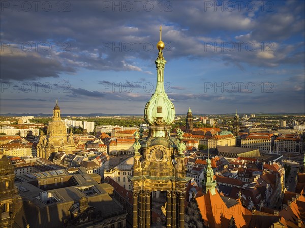 Old town of Dresden with the famous towers. in the foreground the Catholic Court Church