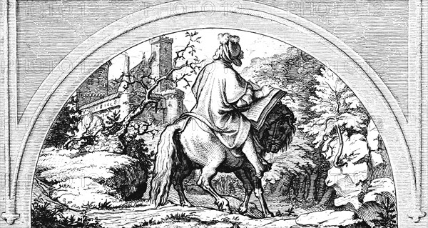 Martin Luther riding away from the Wartburg, horse, landscape, nature, way, bible, religion,