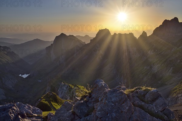 Alpstein mountains at sunrise, view of Seealpsee and Hoher Kasten mountain, Canton Appenzell