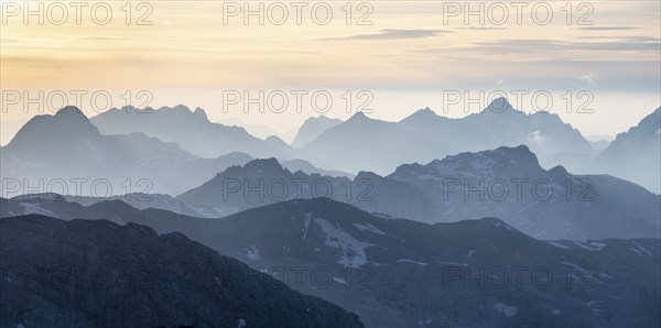 Evening mood, silhouettes, dramatic mountain landscape, view from Hochkönig, Salzburger Land,