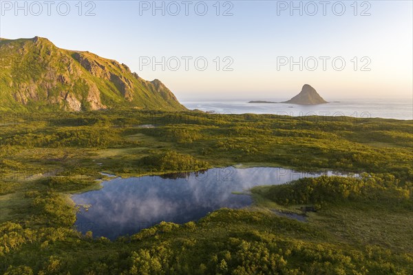 Landscape with lake and island in the sea, Bleik, Andoya Island, Vesteralen Archipelago, Norway,