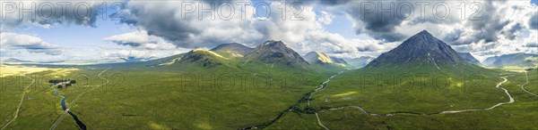 Panorama of The Buachaille or Buachaille Etive MÃ²r and River Coupall from a drone, Glen Etive and