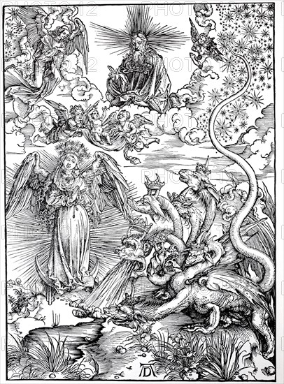 Picture cycle The Apocalypse, the woman clothed with the sun and the seven-headed dragon, woodcut