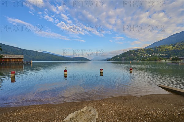 Lake shore, reflection, boathouse, sky, clouds, sunrise, summer, Lake Millstatt, Döbriach,