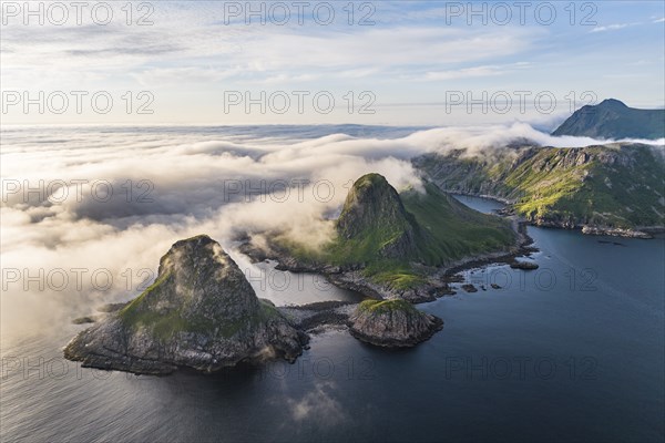 Islands in the sea, fjords and mountains, near Nykvag, Langoya island, Vesteralen archipelago,