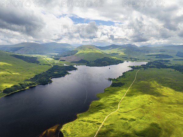 Loch Tulla and Beinn Dorain from a drone, Glen Coe, Highlands, Scotland, UK