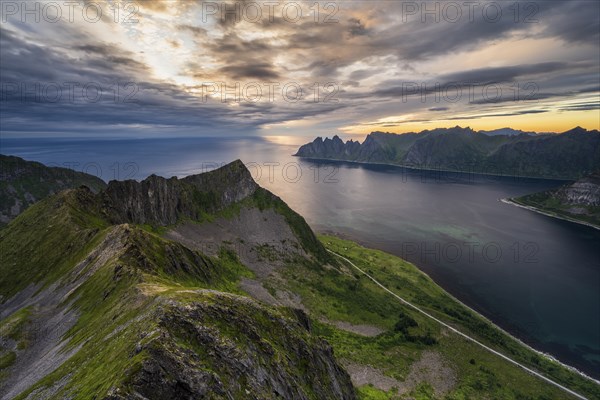 Fjord and mountains, mountain range Okshornan in the back, Senja, Norway, Europe