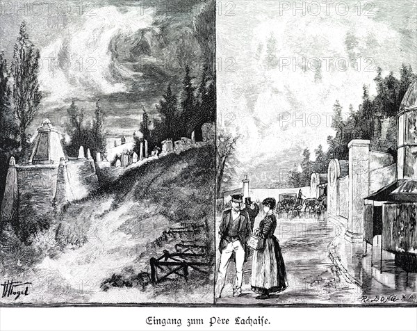 Entrance to the Cimetière du Père Lachaise, park cemetery, Paris, gravestones, horse-drawn