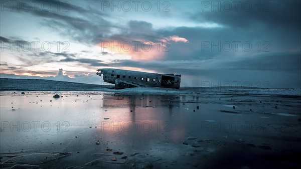 Plane crashed on frozen Solheimasandur beach in winter with snow in Iceland