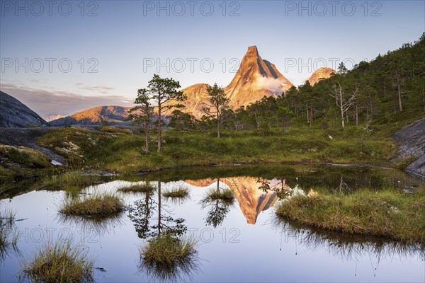Norway's national mountain Stetind reflected in small lake, Tysfjord, Ofoten, Norway, Europe