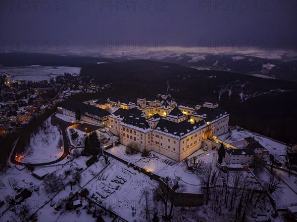 Augustusburg Hunting Lodge, also known as the Crown of the Ore Mountains, on a Winter Evening