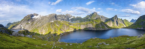 Panorama, mountain landscape with lake Tennesvatnet and Fjerddalsvatnet, at sunrise, in the back