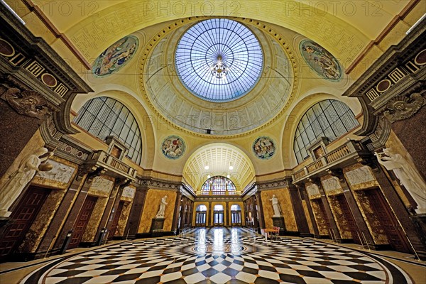 Foyer with glass dome in the spa hotel and Casino in the evening, Wiesbaden, Hesse, Germany, Europe