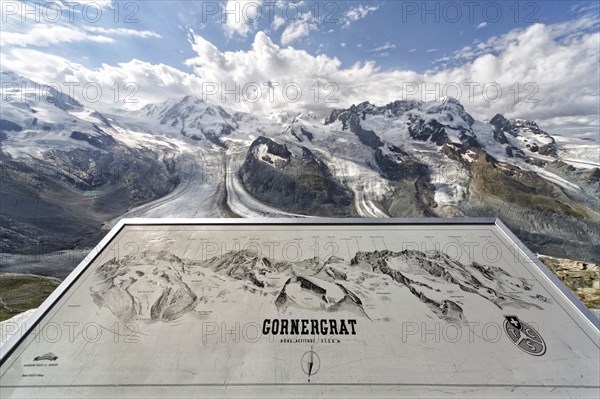 View from Gornergrat towards south, Grenzgletscher with Dufourspitze, Valais Alps, Zermatt, Valais,