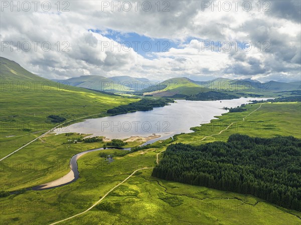 Loch Tulla and Beinn Dorain from a drone, Glen Coe, Highlands, Scotland, UK
