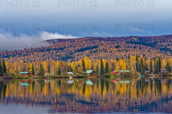 Birch Lake with weekend cottage, Richardson Highway, reflections, autumn, intense colouring,