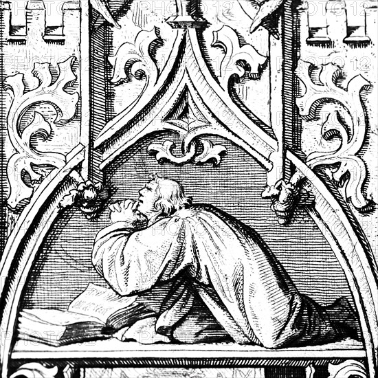 Martin Luther in prayer, ornaments, bible, kneeling, semicircle, religion, Christianity, 16th