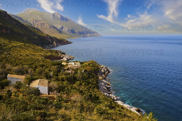 Coastline, stone houses, red tiled roofs, green mountains, sky replaced (KI), Zingaro, national