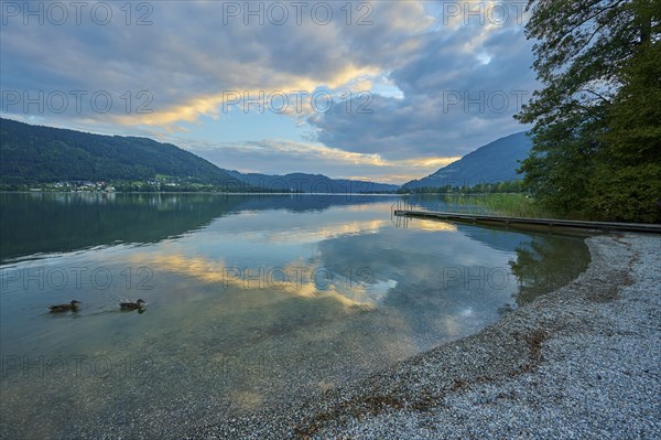 Lakeside, bathing jetty, sky, clouds, sunset, summer, Steindorf am Lake Ossiach, Lake Ossiach,