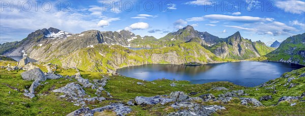 Mountain landscape with steep rocky peaks and lake Tennesvatnet, in the back peak of