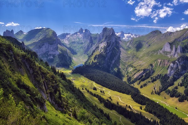 View of Alpstein with mountains Altmann and Säntis, Appenzell Alps, Canton Appenzell Innerrhoden,