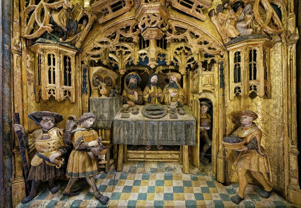 The Last Supper of Emmaus, predella, detail of carved winged altar, work of the Lukas Guild