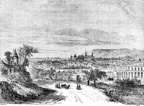 Town view Aachen, North Rhine-Westphalia, Germany, Le Rhin, Victor Hugo, historical illustration c.