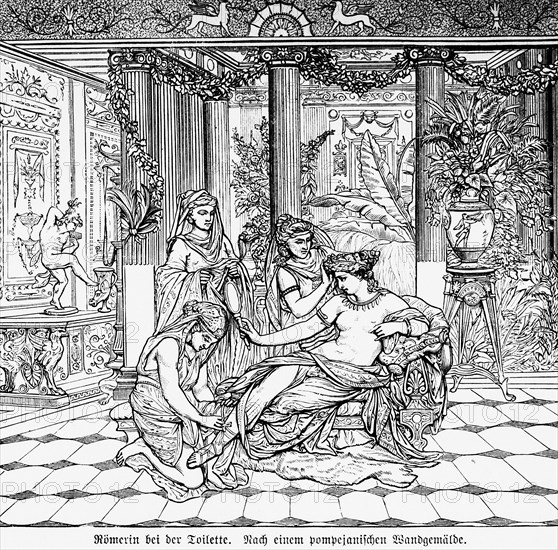 Roman woman at the toilet, Rome, Italy, mural Pompeii, woman, Roman, servants, slaves, palace,