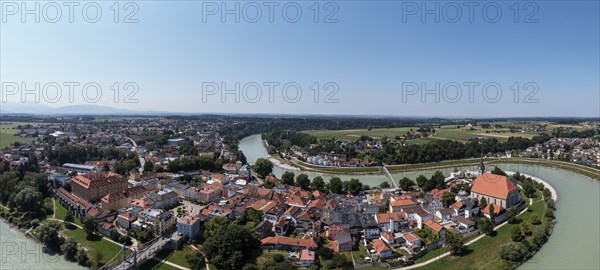 Drone shot, Art Nouveau Salzach bridge between Oberndorf bei Salzburg and Laufen an der Salzach,