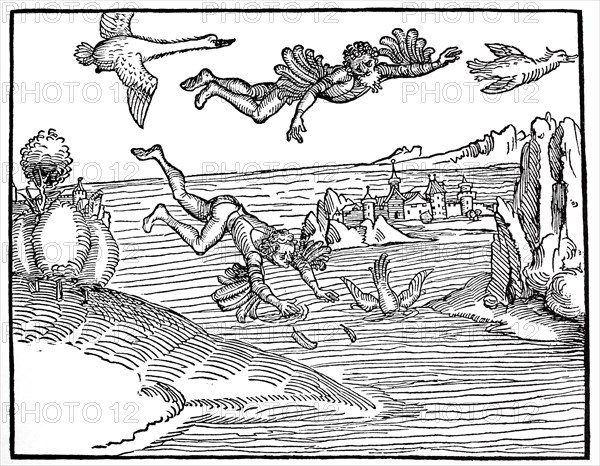 Illustration to the mirror of true rhetoric, the fall of Icarus, woodcut by Albrecht Dürer,