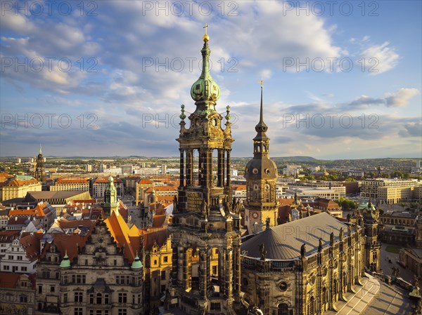Old town of Dresden with the famous towers. in the foreground the Catholic Court Church