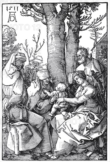 The Holy Family with Joachim and Anna, woodcut by Albrecht Dürer, historical, digitally improved
