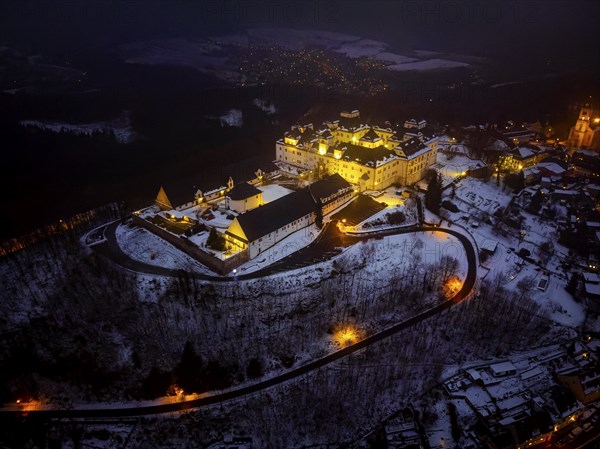 Augustusburg Hunting Lodge, also known as the Crown of the Ore Mountains, on a Winter Evening
