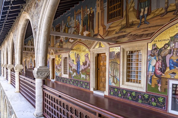 Mosaics in the corridor of Kykkos Monastery in the Troodos Mountains, Cyprus, Europe