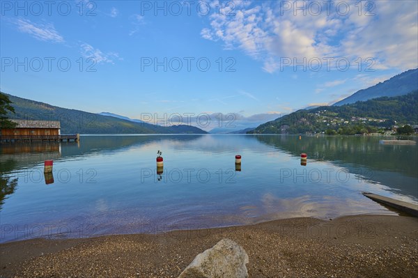 Lake shore, reflection, boathouse, sky, clouds, sunrise, summer, Lake Millstatt, Döbriach,