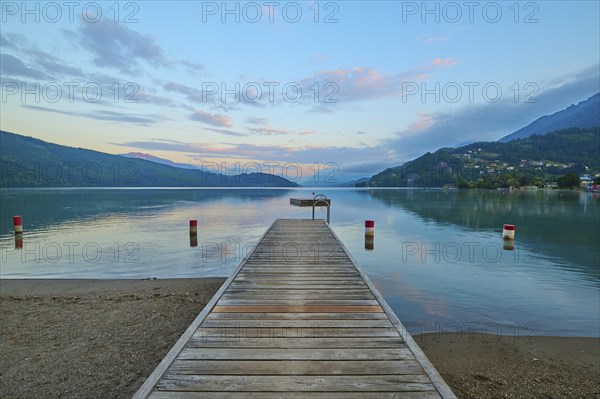 Lake shore, reflection, wooden jetty, sky, clouds, twilight, sunrise, summer, Lake Millstatt,