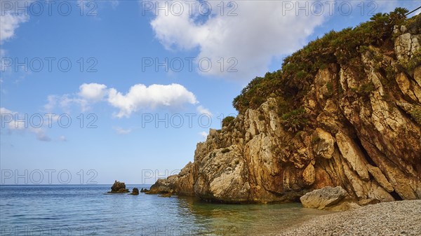 Bay, rocks, pebble beach, blue sky, white clouds, Zingaro, national park, nature reserve,